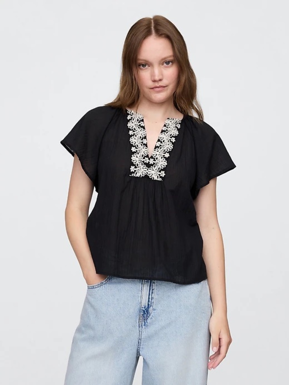 Lucky Brand Black Blouse with White Floral Embroidery